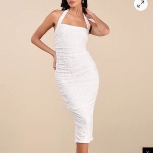 Delanie White Mesh Floral Burnout Halter Midi Dress